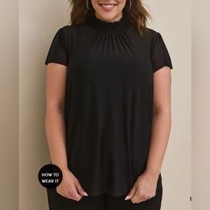 Torrid Black Sheer Smocked Mock Neck Short Flutter Sleeve Chiffon Top.